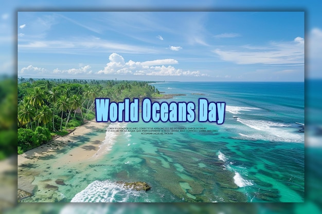 PSD 세계 바다의 날: 바다의 미니어처, 배경에는 물고기와 산호가 있습니다.