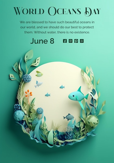 PSD world oceans day concept 3d style deep sea scene with coastal plants on light green background