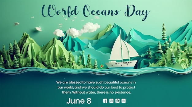 PSD world oceans day concept paper cut style 3d mountain with sea scenery on light green background