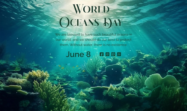 PSD 世界海洋デーのコンセプト 浅緑の背景に沿岸の植物が描かれた深海の水中風景