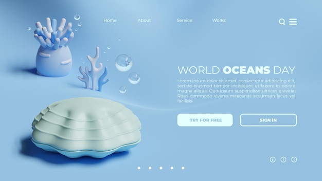 PSD world oceans day landing page template with clam 3d rendering