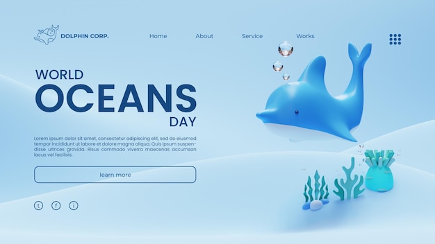 World oceans day landing page template with dolphin 3d rendering illustration