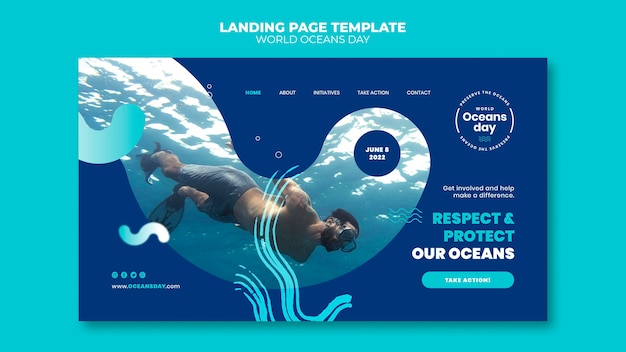 PSD world oceans day landing page template with person scuba diving