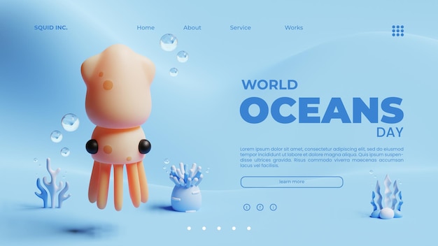 PSD world oceans day landing page template with squid 3d rendering illustration