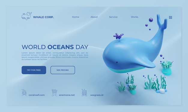 PSD world oceans day landing page template with whale 3d rendering illustration