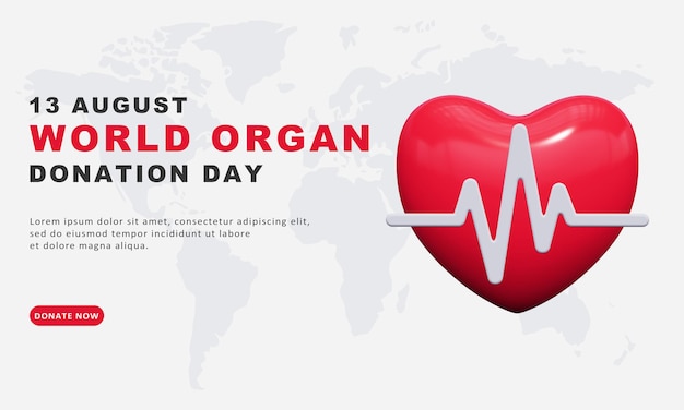 Banner della giornata mondiale della donazione di organi con cuore rosso 3d psd premium