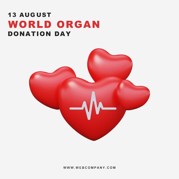 Banner della giornata mondiale della donazione di organi con l'immagine di un cuore rosso 3d psd premium