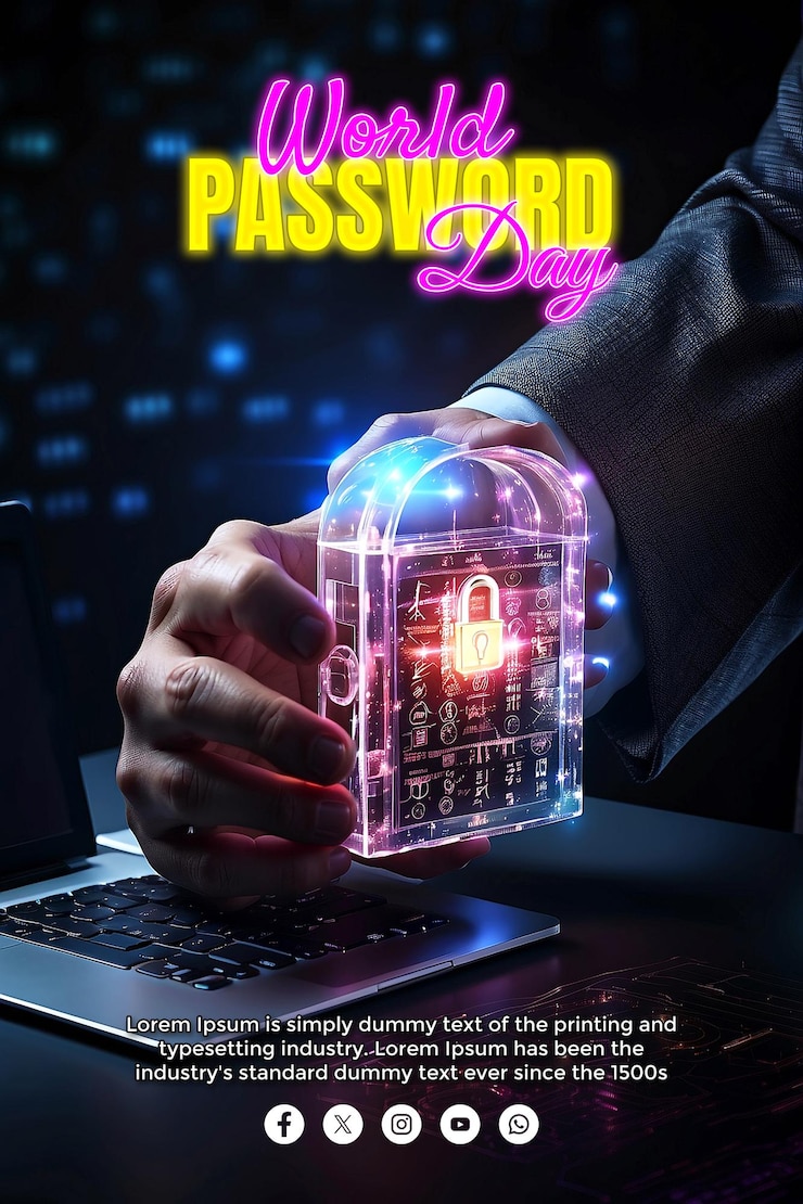 PSD world password day a businessmans hand holds a glowing holographic