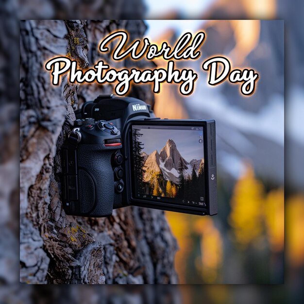 Celebrazione della giornata mondiale della fotografia con sfondo dell'obiettivo della fotocamera per il post sui social media