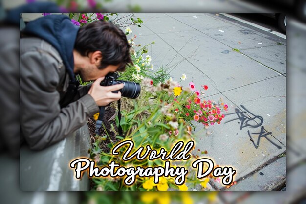 PSD celebrazione della giornata mondiale della fotografia con sfondo dell'obiettivo della fotocamera per il post sui social media