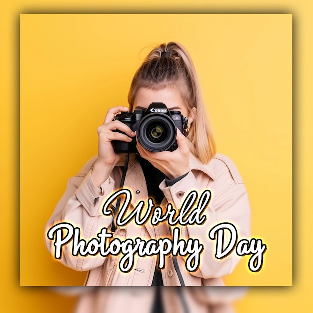 PSD celebrazione della giornata mondiale della fotografia con sfondo dell'obiettivo della fotocamera per il post sui social media