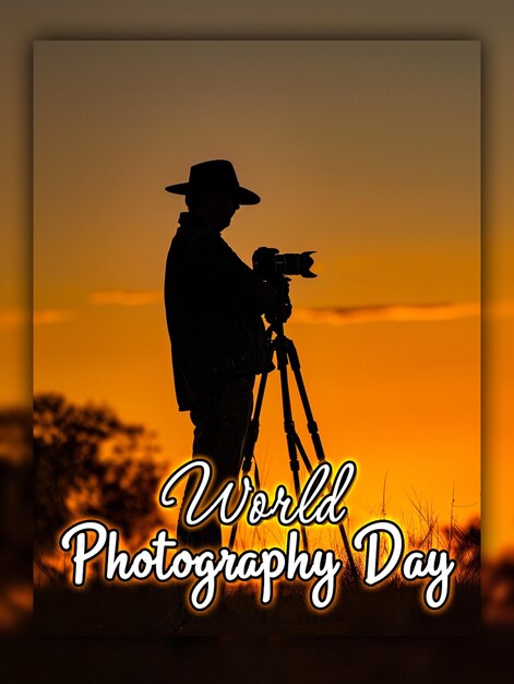PSD celebrazione della giornata mondiale della fotografia con sfondo dell'obiettivo della fotocamera per il post sui social media