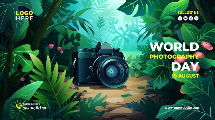 PSD world photography day social media post or banner design template with camera
