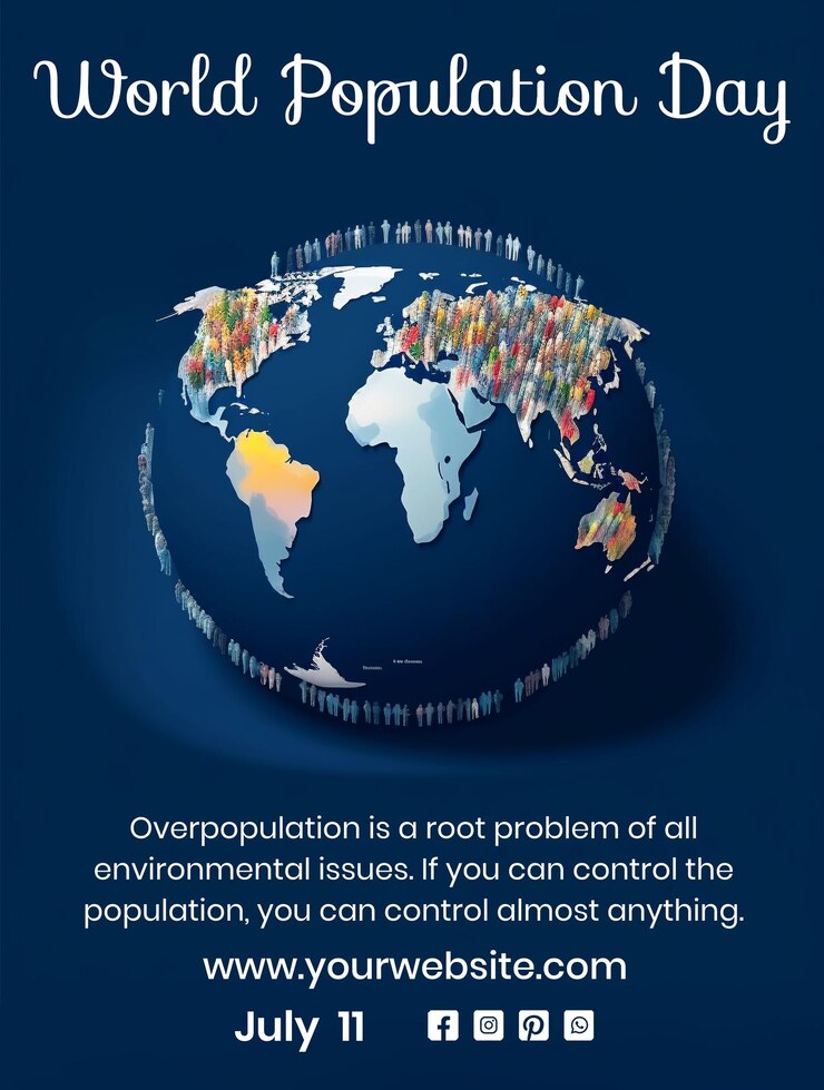 PSD world population day concept world map with people icons in canvas on dark blue background
