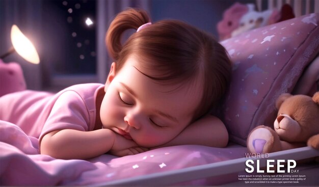 World sleep day met cute girl kids slaapt's nachts in haar slaapkamer met haar ogen dicht.