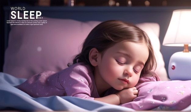 PSD 귀여운 소녀와 함께 세계 잠의 날 아이들은 밤에 그녀의 침실에서 눈을 감고 잠을 자고 있습니다.