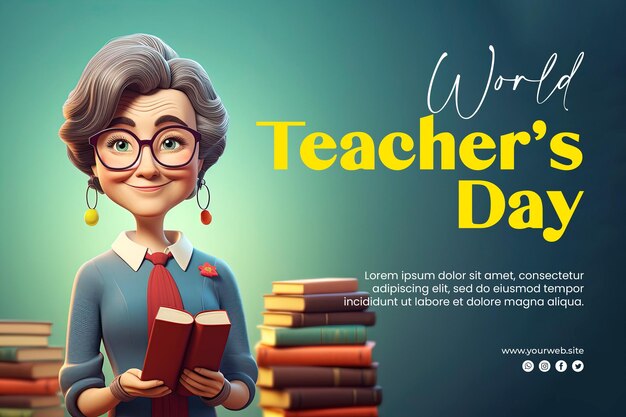 PSD world teachers day background and banner teachers day with 3d render teachers character