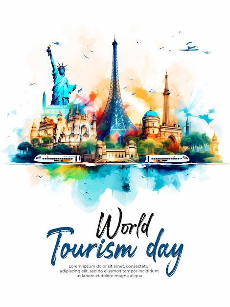 PSD world tourism day background design with monuments concept