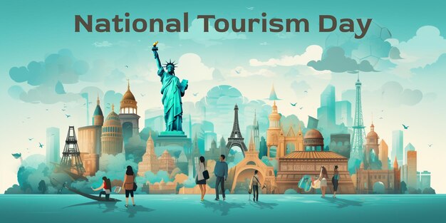 PSD world tourism day with travel celebration elements background