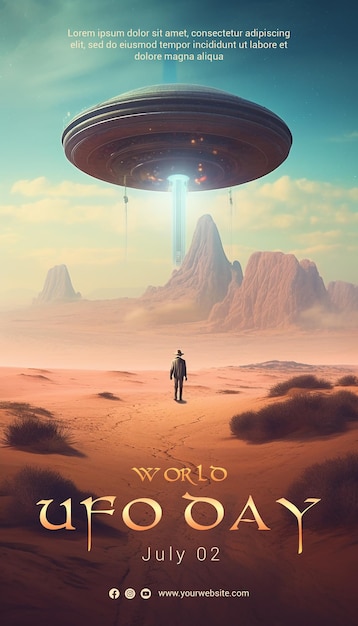 PSD world ufo day poster template concept with fantasy illustration style