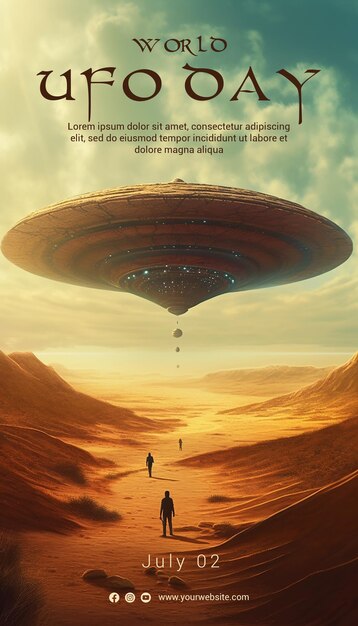 PSD world ufo day poster template concept with fantasy illustration style