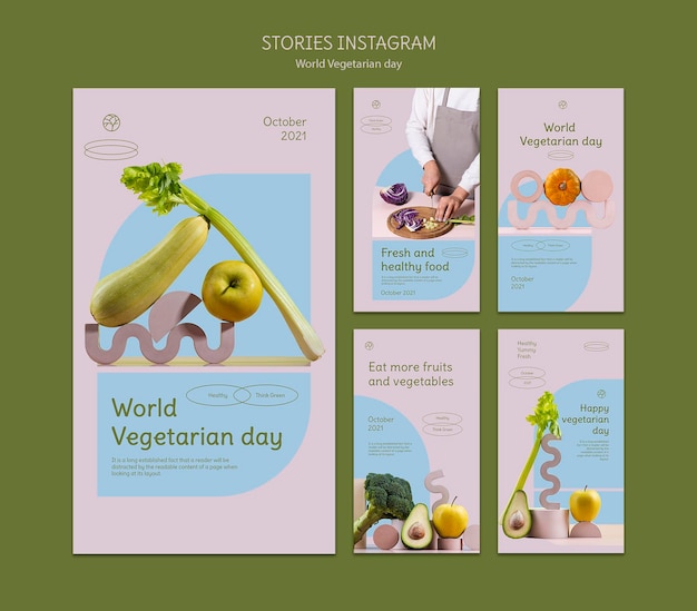 PSD set di storie instagram per la giornata mondiale vegetariana