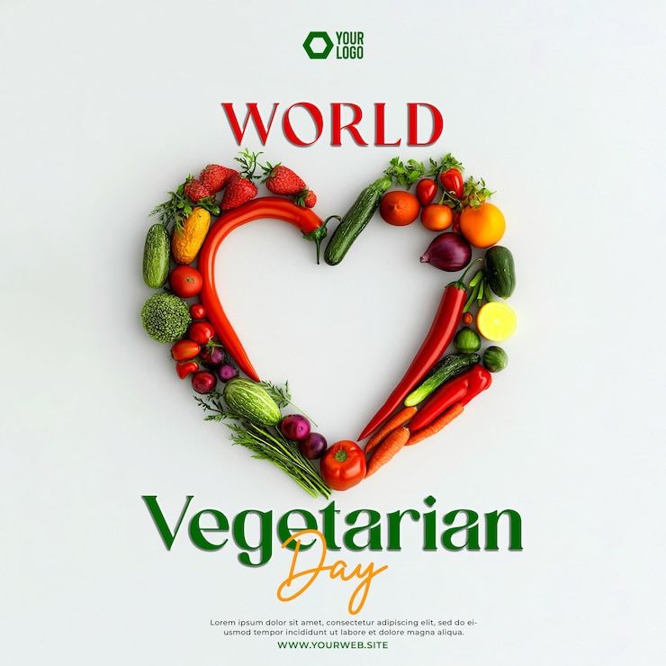 PSD 世界ベジタリアン・デー ソーシャル・メディア・ポスト ハート形の果物と野菜の画像