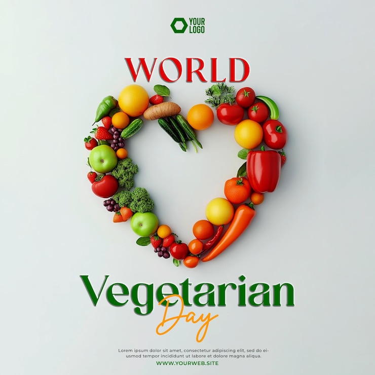 PSD 世界ベジタリアン・デー ソーシャル・メディア・ポスト ハート形の果物と野菜の画像