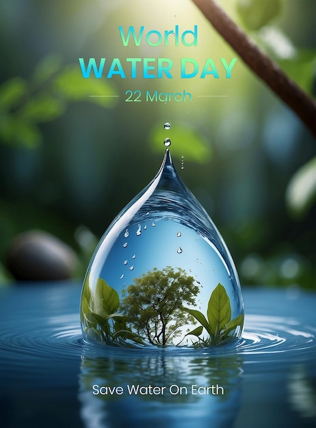 PSD world water day poster with a globe of earth inside a water drop background