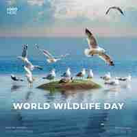 PSD world wildlife day with a flock of seagulls and a turtle the sea surface is clean