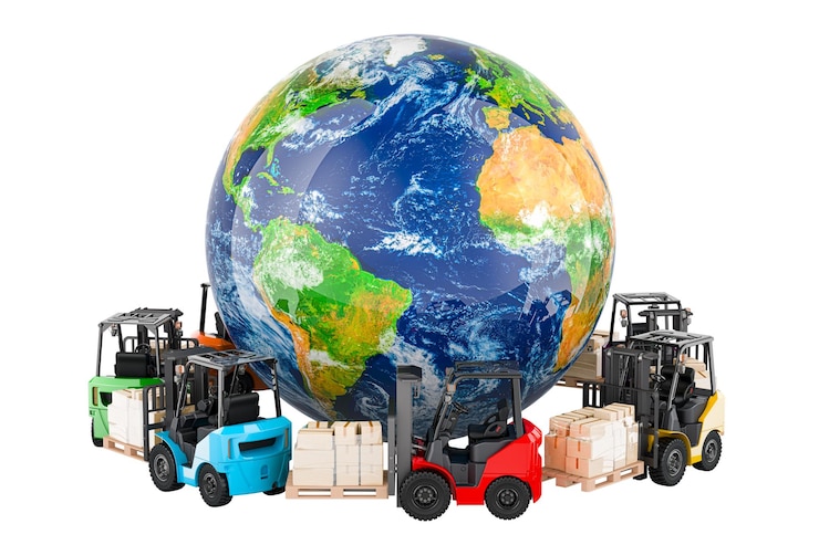 PSD worldwide delivery global freight transportation concept 3d rendering isolated on transparent background