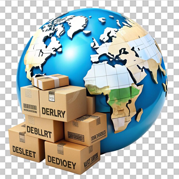 PSD worldwide delivery globe with cardboard boxes icon isolated on transparent background