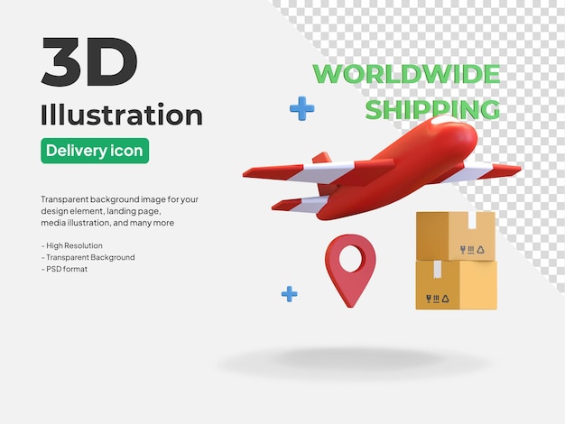 PSD worldwide global shipping parcel box in plane cash on delivery service icon 3d render illustration