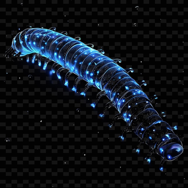 PSD a worm with glowing blue lights on a black background