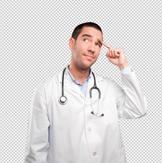 PSD worried young doctor doing a confusion gesture