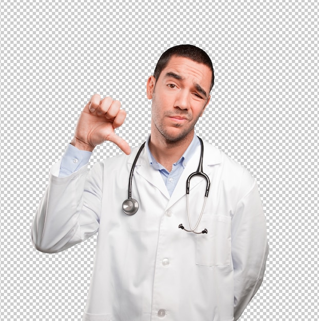 PSD worried young doctor with lose gesture