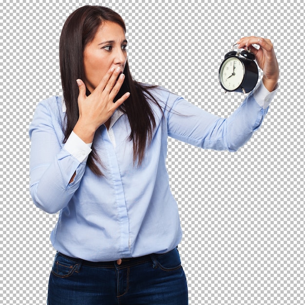 PSD worried young-woman with alarm-clock