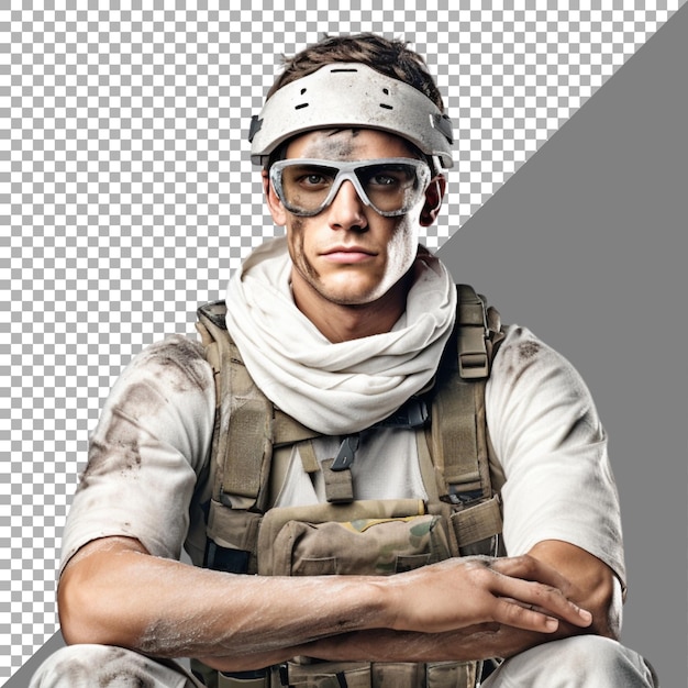 Wounded soldier mud and blood on his face against transparent background ai generated