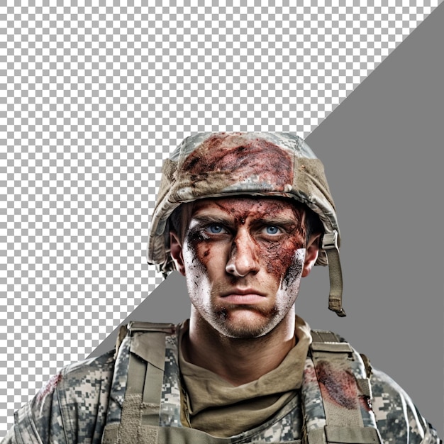 Wounded soldier mud and blood on his face against transparent background ai generated