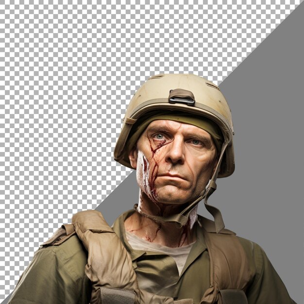 Soldato ferito fango e sangue sul viso contro uno sfondo trasparente ai generato