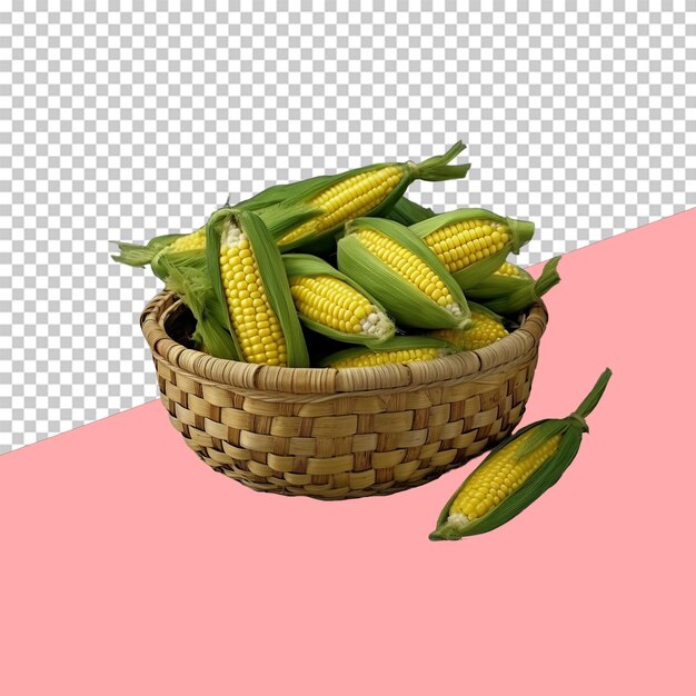 A woven basket of fresh sweet corn isolated object transparent background