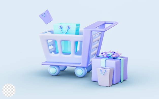 PSD wózek na zakupy z torbą i pudełkiem na prezenty 3d koncepcja renderowania do dostarczania marketingu online