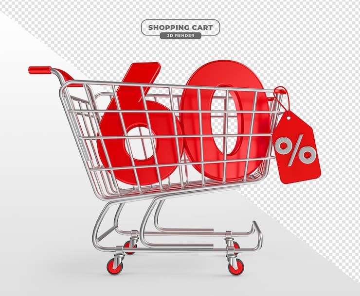 PSD wózek w supermarkecie z 60-procentową liczbą w realistycznym renderowaniu 3d z przezroczystym tłem