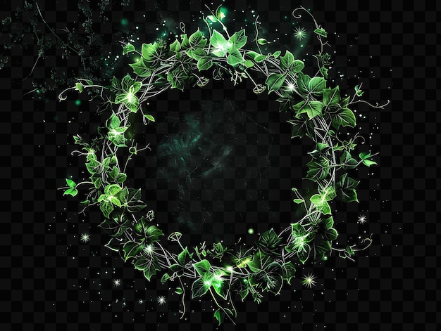 PSD a wreath of green leaves and flowers on a black background