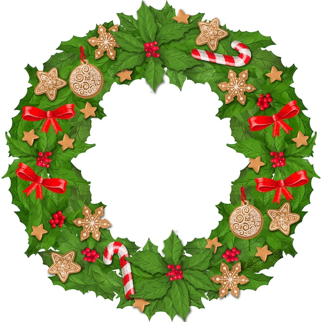 PSD wreath of holly leaves and berries decorated with toys and gingerbread.