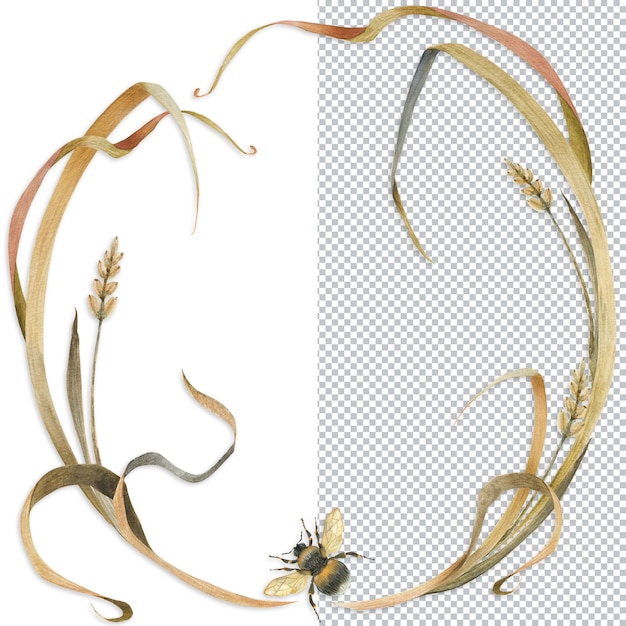 牧草地の植物とマルハナバチの花輪。水彩画の自然のイラスト、挨拶やカードの丸いフレーム
