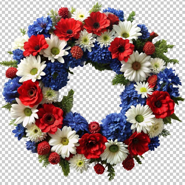 PSD wreath with red white and blue flowers 4th july concept