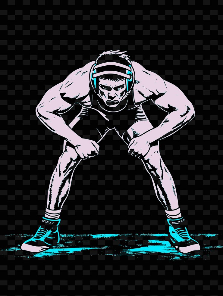 PSD wrestler in ready stance with wrestling shoes and headgear illustration flat 2d sport backgroundw