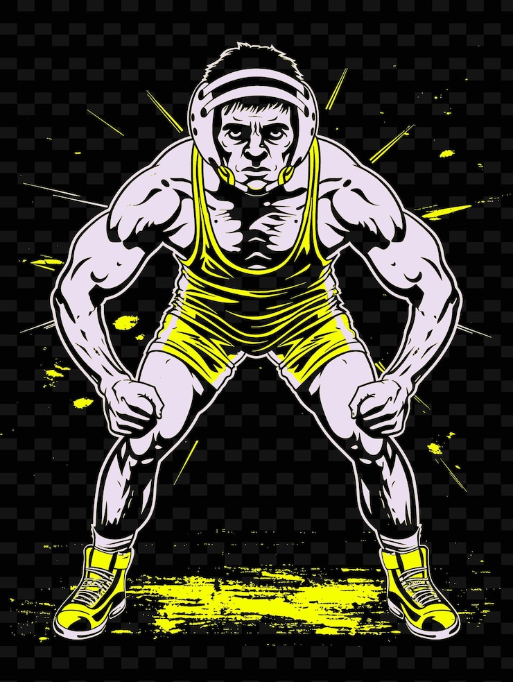 PSD wrestler in ready stance with wrestling shoes and headgear illustration flat 2d sport backgroundw