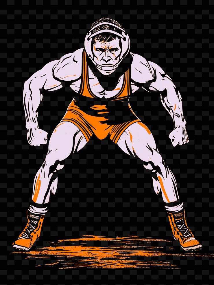PSD wrestler in ready stance with wrestling shoes and headgear illustration flat 2d sport backgroundw